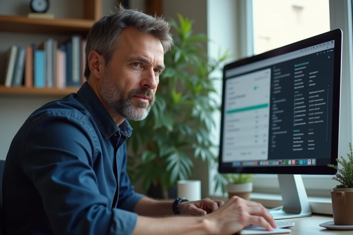 Homme accédant à ses bulletins de salaire numériques sur MyPeopleDoc depuis son bureau à domicile