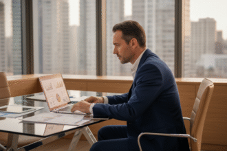 Homme d'affaires en costume navy travaillant au bureau