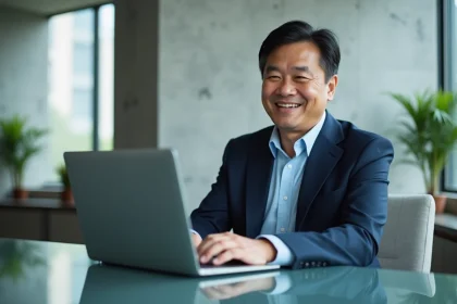 Homme d'affaires asiatique en costume bleu au bureau