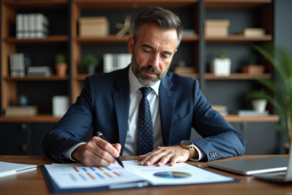 Homme d'affaires en costume examine des documents dans un bureau moderne
