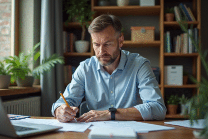 Homme d'âge moyen remplissant un rapport d'accident au bureau