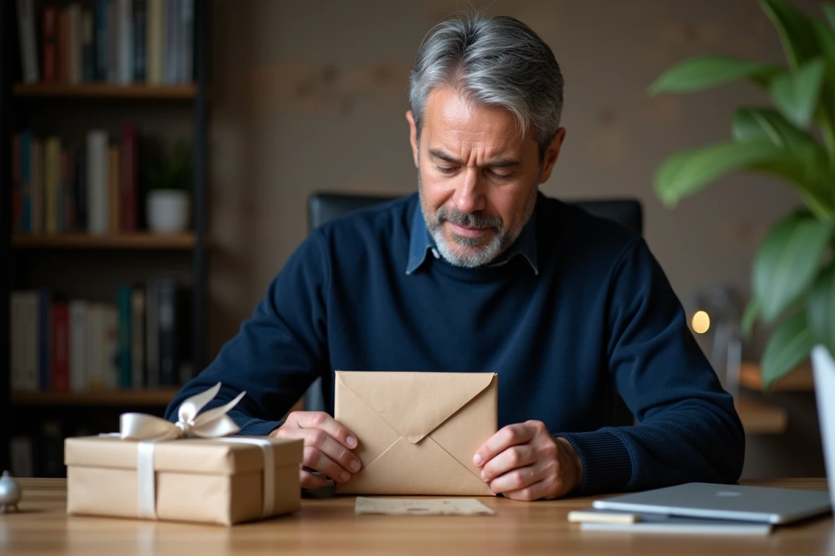 Homme glissant une carte cadeau dans une enveloppe sur un bureau à domicile avec un cadeau emballé