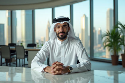 Homme d'affaires émirati en kandura avec vue sur Dubai