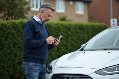 Homme d'âge moyen près d'une voiture électrique blanche