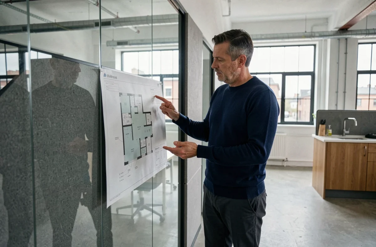 Homme évaluant l'agencement d'un espace de coworking à Villeurbanne, debout près d'une cloison vitrée avec des plans imprimés