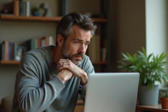 Homme frustré devant un ordinateur portable affichant une erreur de connexion au site Convergence Grenoble