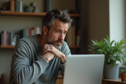 Homme frustré devant un ordinateur portable affichant une erreur de connexion au site Convergence Grenoble