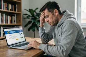 Homme frustré devant un écran d'ordinateur affichant une erreur du site La Poste