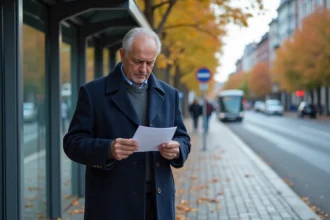 Homme d'âge moyen lisant une lettre à un arrêt de bus