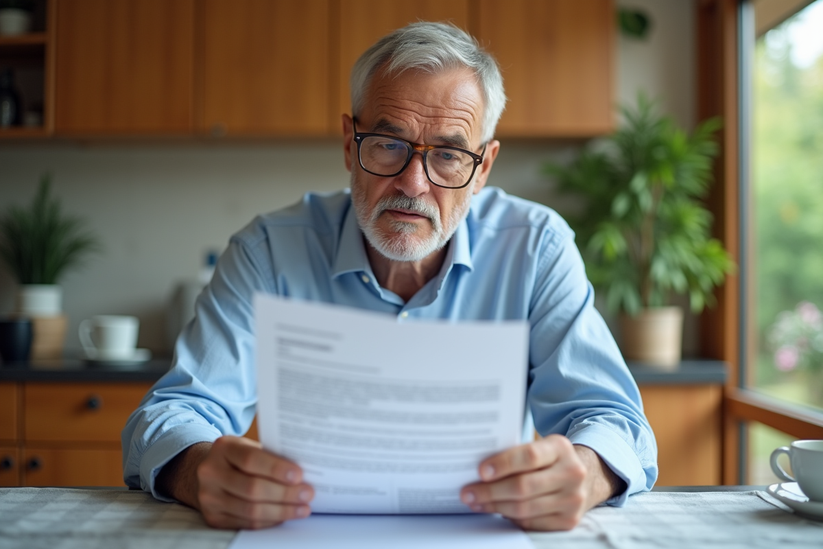 Homme lisant un mandat dans sa cuisine chaleureuse