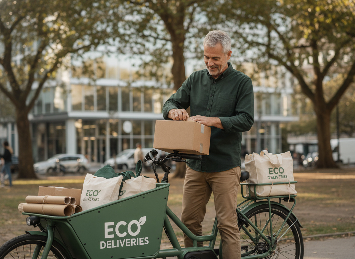 Homme avec vélo électrique et colis recyclé
