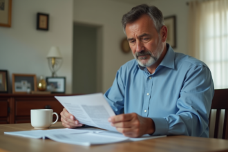 Homme d'âge moyen examine des factures impayées à la maison
