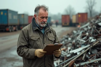 Homme d'âge moyen examinant des déchets métalliques recyclés
