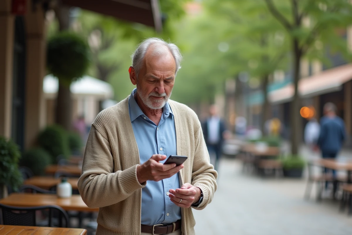Homme retraité regardant son smartphone en extérieur