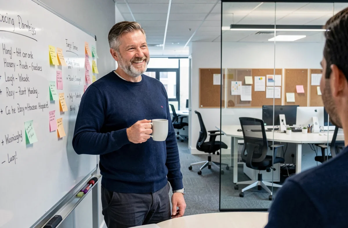 Homme en réunion dans une salle vitrée d'un espace de coworking moderne