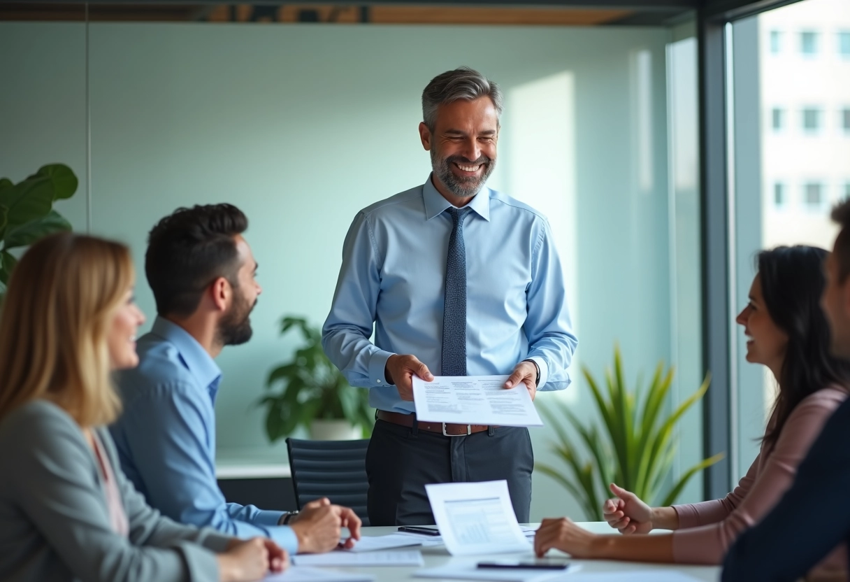 Homme en réunion discutant de documents financiers dans un bureau lumineux