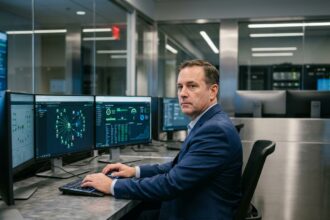 Homme d affaires en costume dans un centre de commandement numérique