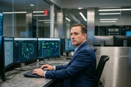 Homme d affaires en costume dans un centre de commandement numérique