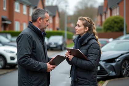 Homme d'âge moyen parlant à une jeune femme près d'une voiture abîmée