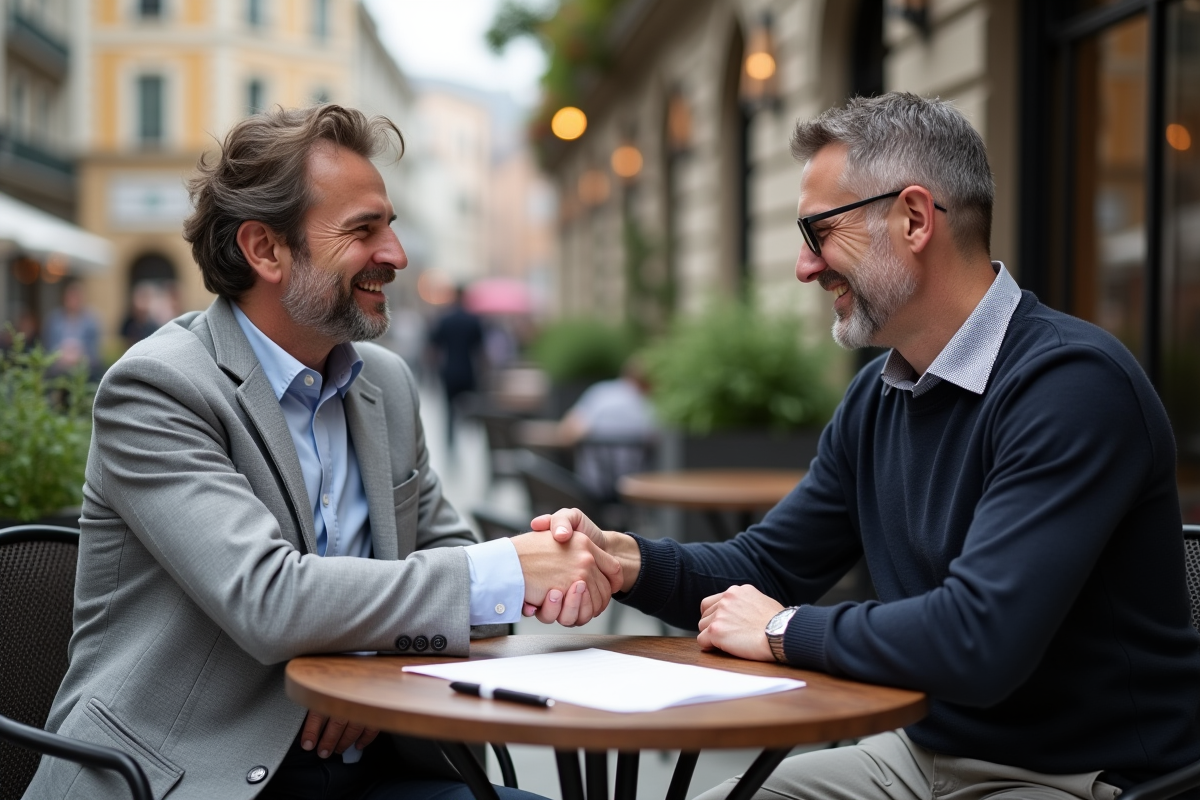 Deux hommes se serrant la main dans un café en extérieur