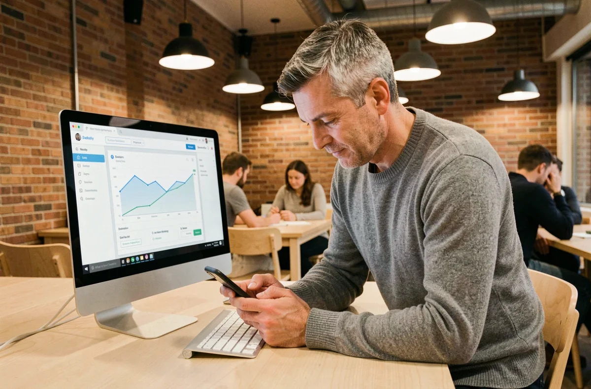 Travailleur indépendant consultant son espace personnel Urssaf sur smartphone dans un espace de coworking moderne