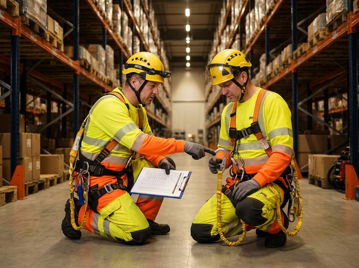 Deux professionnels inspectant des équipements de protection individuelle Petzl en entrepôt