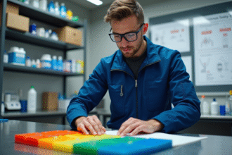 Jeune ingénieur en laboratoire examinant des échantillons d'elastomère colorés