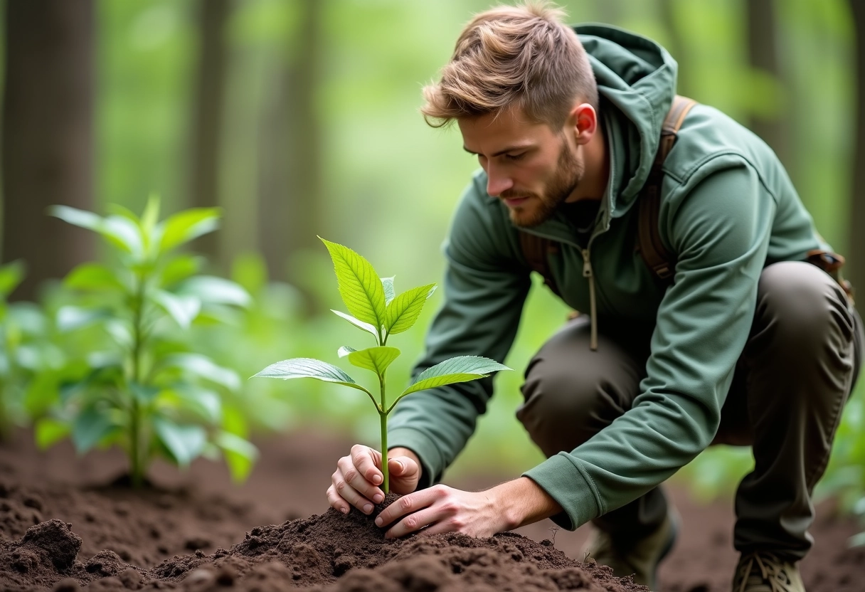 Jeune ingénieur environnement plantant un arbre dans la nature