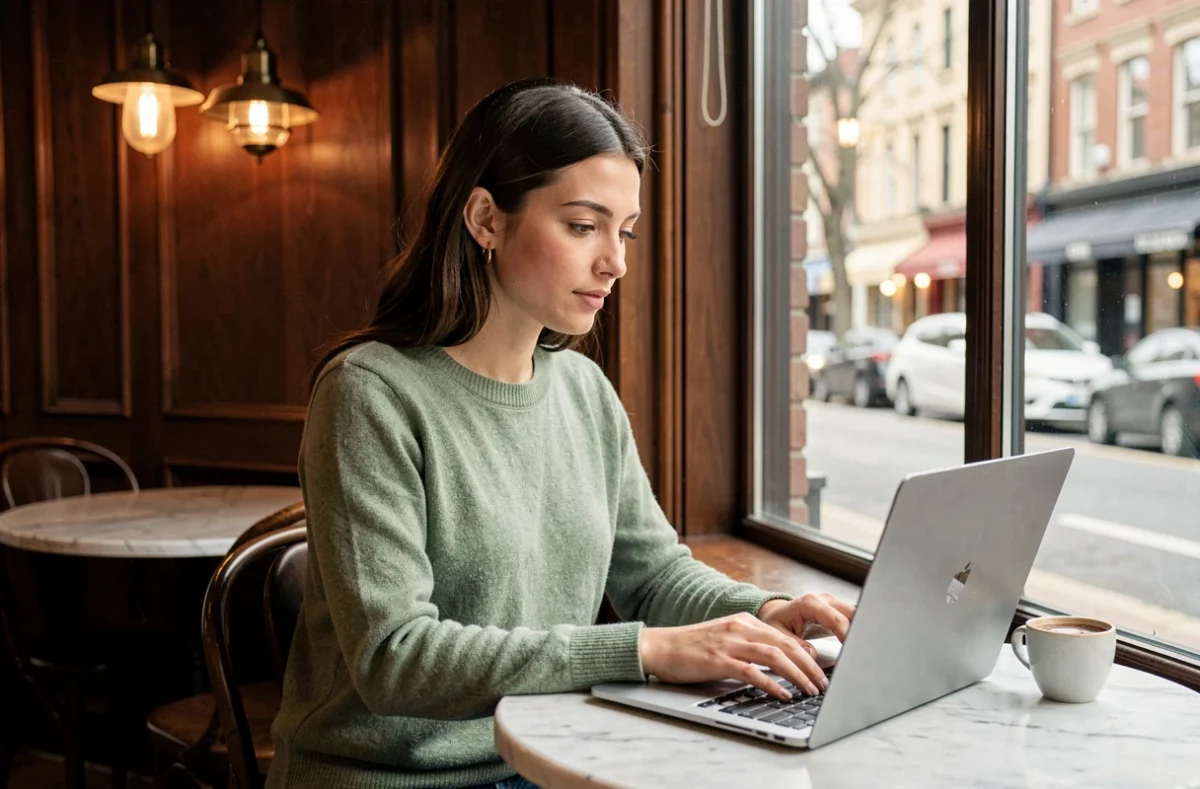 Jeune femme travaillant sur son ordinateur dans un café, consultant un blog de conseils pratiques près d'une fenêtre donnant sur la rue