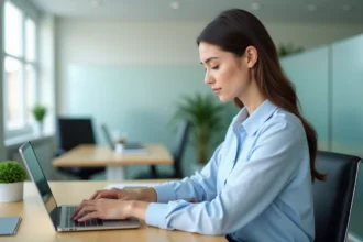 Jeune femme au bureau tapant une note sur son ordinateur