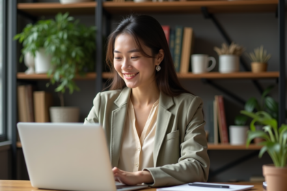 Jeune femme professionnelle travaillant sur son ordinateur dans un bureau moderne