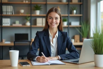 Femme professionnelle souriante dans un bureau moderne