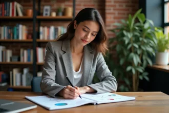 Jeune femme professionnelle esquissant un logo dans un bureau moderne