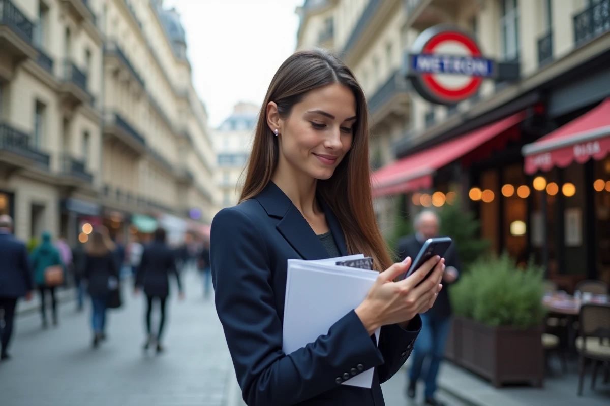 Jeune femme agent civil utilisant son smartphone dans la rue parisienne