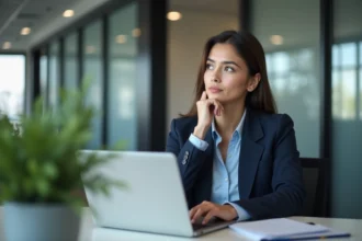 Jeune femme professionnelle en blazer bleu clair travaillant sur son ordinateur