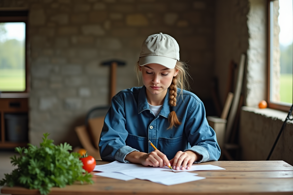 Jeune femme agricole examinant des légumes sur une table