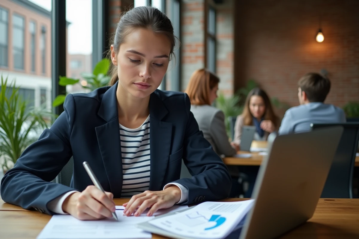 Jeune femme en coworking étudiant un rapport analytique sur son ordinateur
