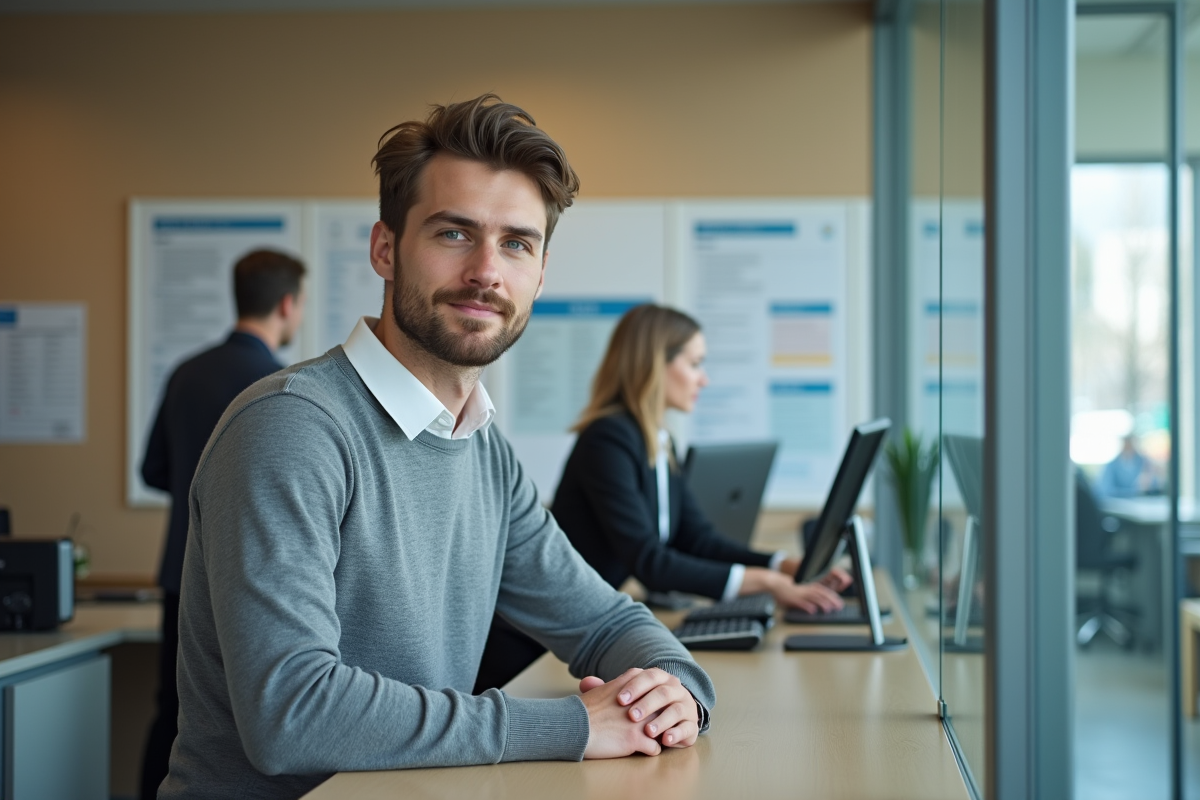 Jeune homme attendant dans un hall de mairie moderne