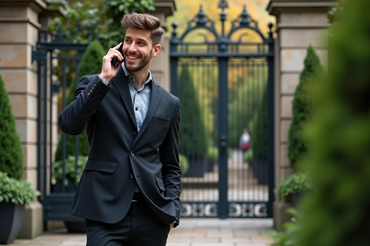 Jeune homme en veste design parlant au téléphone dans un jardin
