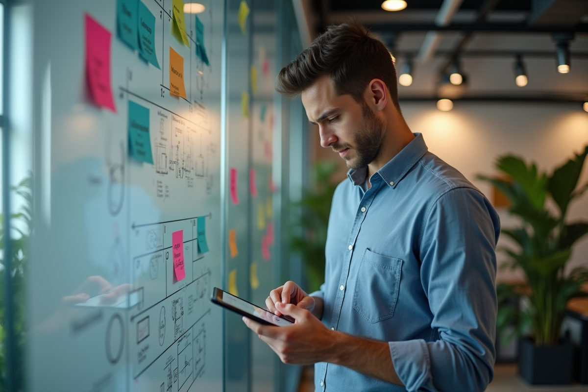 Jeune homme analysant un schéma sur une tablette dans un espace collaboratif