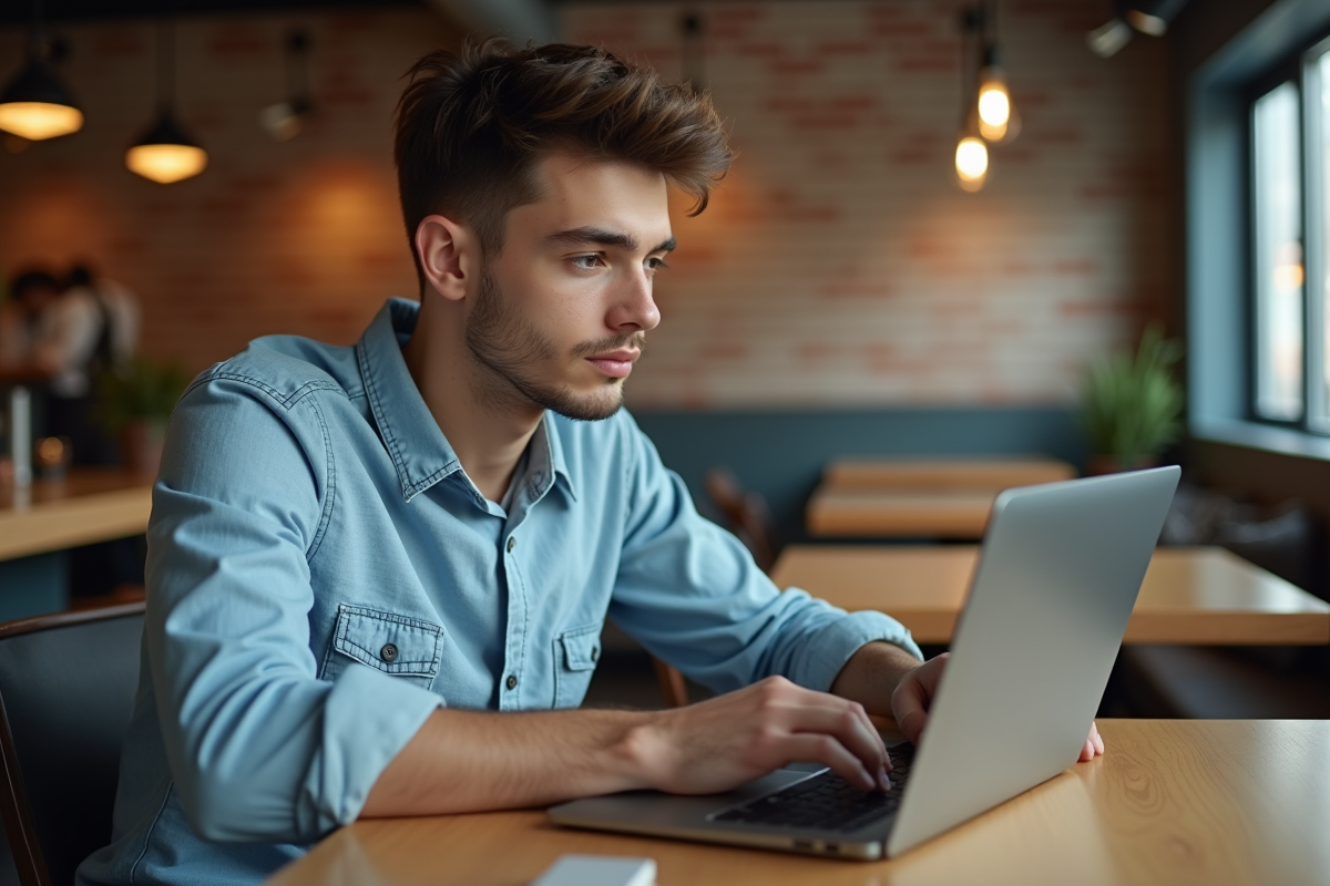 Jeune homme travaillant sur un ordinateur dans un café moderne