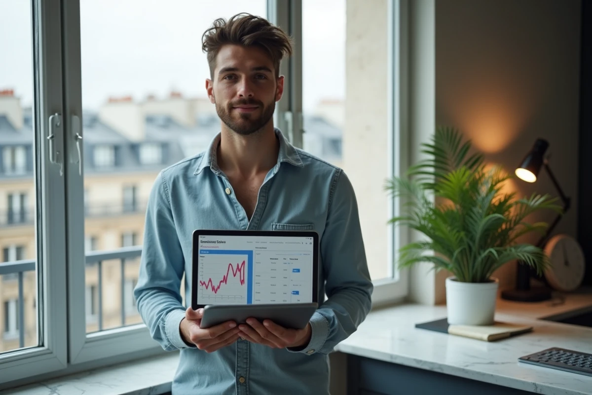Jeune homme regardant la ville de Paris avec une tablette