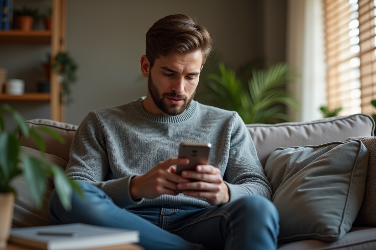 Jeune homme en sweat regardant son smartphone dans un salon