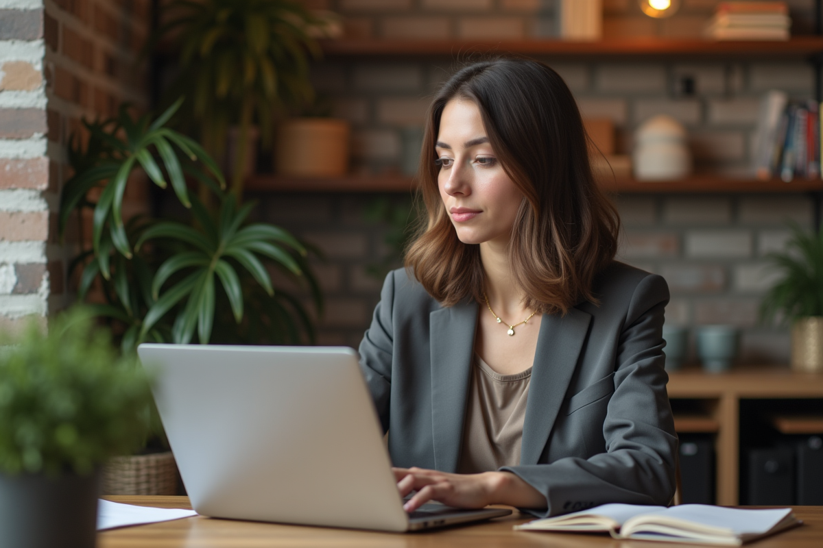 Jeune femme marketing travaillant sur son ordinateur