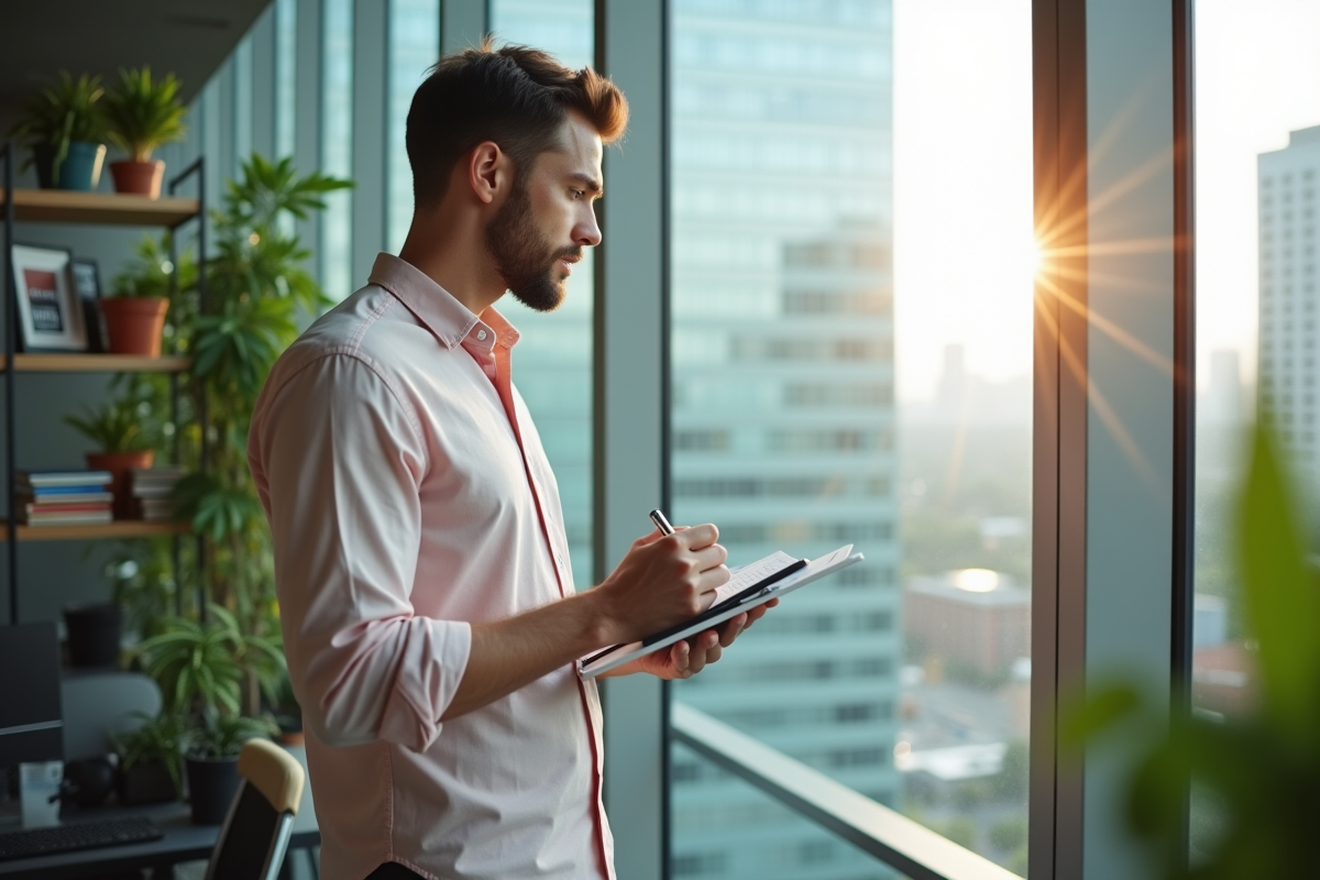 Jeune marketeur regardant la ville depuis une fenêtre