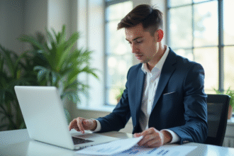 Jeune professionnel en affaires analyse documents financiers