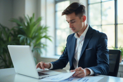 Jeune professionnel en affaires analyse documents financiers