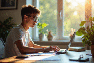 Jeune professionnel travaillant à distance sur un ordinateur portable dans un bureau lumineux