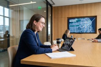 Jeune femme professionnelle en coworking en ville