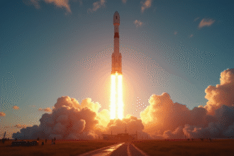Fusée Falcon 9 SpaceX lançant dans un ciel bleu au lever du soleil